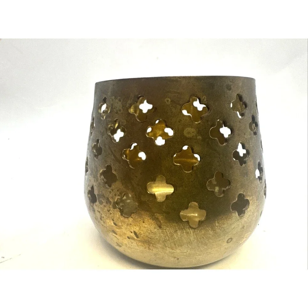 Vtg Brass Candle Holder Votive Tea Light Moroccan Pierced Cutout India